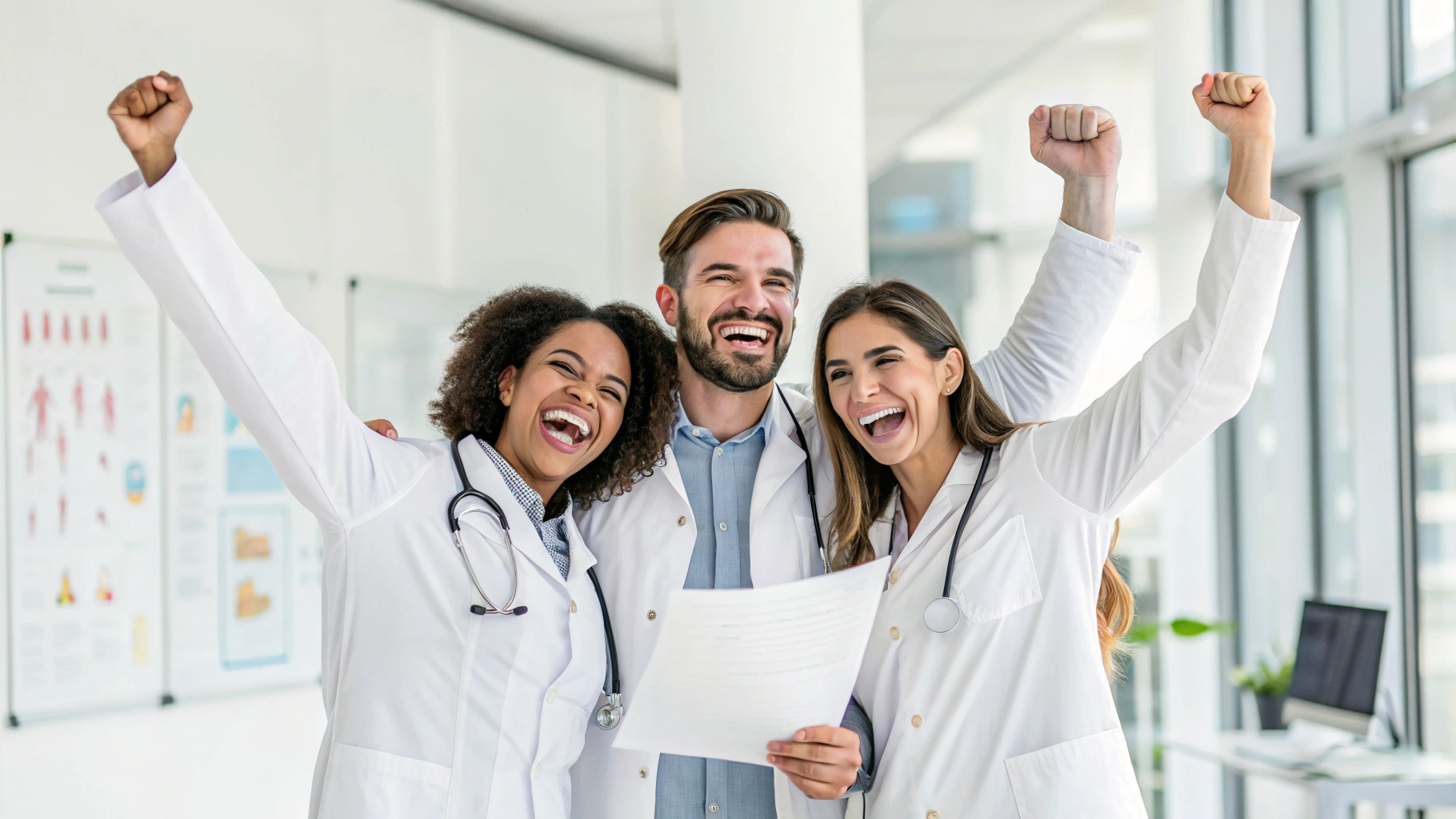 make image of three doctors which are happy after