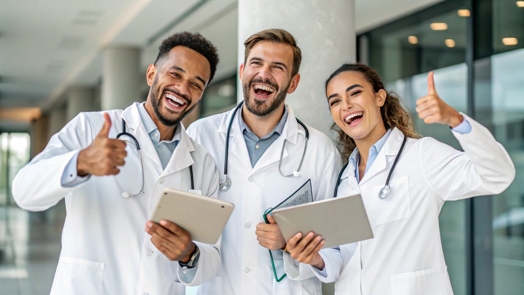 make image of three of doctors which are happy for