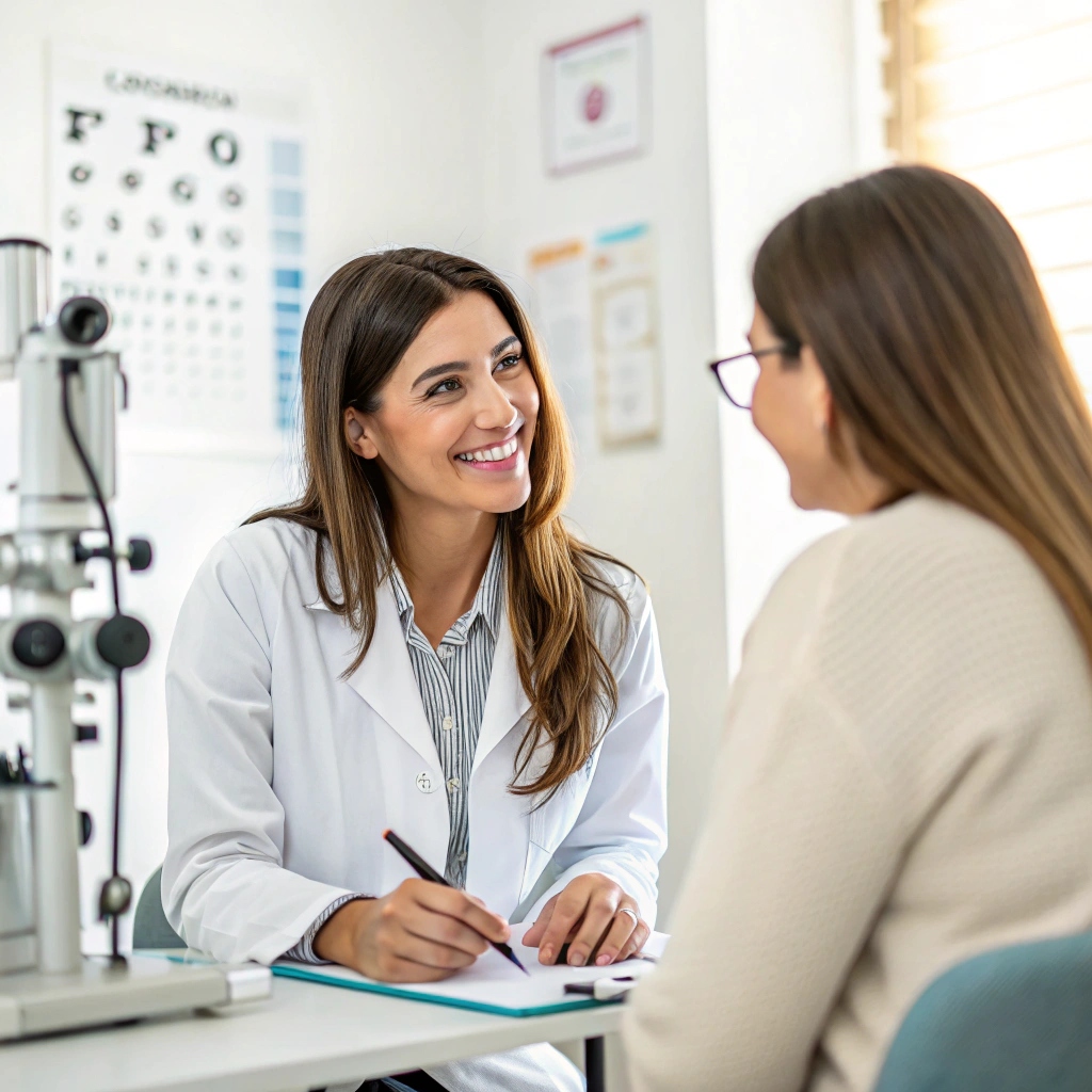 a professional young female ophthalmologist with a (1)